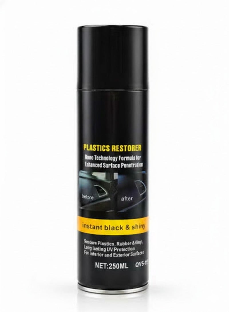 Plastic Restorer Spray 250ml for Car Interior Exterior, Restores Faded Plastic Rubber Vinyl Trim, Instant Black Shine, UV Protection, Dashboard Door Panel Bumper Console Wheel Arch Care, Anti Aging Plastic Polish Spray for Auto Bike SUV Use - Image 1